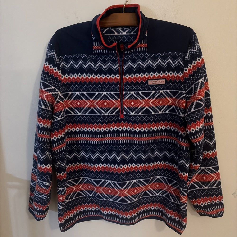 Men's Vineyard Vines Fair Isles Fleece Pullover Sweater 1/4 Zip Blue Red Large